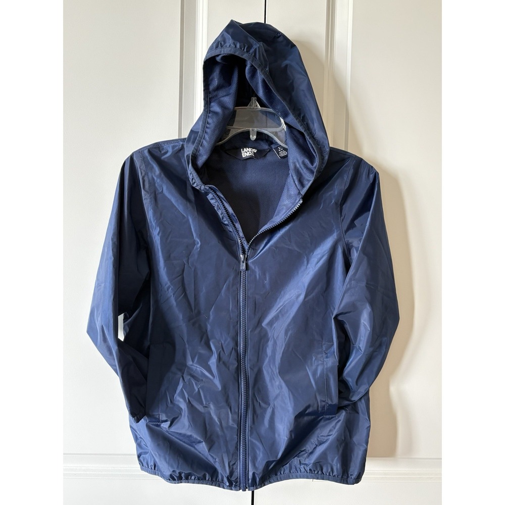 Lands End Hooded Rain Jacket Navy Blue Boys Size L 10-12 Packable Raincoat